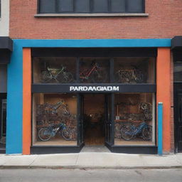 Create an exterior view of 'Paradigm Pedal and Gears Co.' shop, with the name 'PARADIGM' clearly, prominently, and artistically displayed on the facade, set in a vibrant urban context.