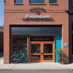 Create an exterior view of 'Paradigm Pedal and Gears Co.' shop, with the name 'PARADIGM' clearly, prominently, and artistically displayed on the facade, set in a vibrant urban context.