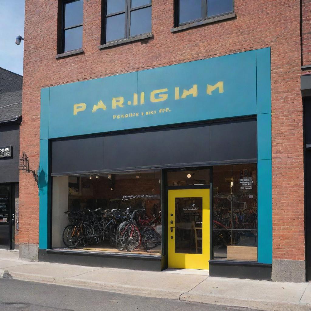 Create an exterior view of 'Paradigm Pedal and Gears Co.' shop, with the name 'PARADIGM' clearly, prominently, and artistically displayed on the facade, set in a vibrant urban context.