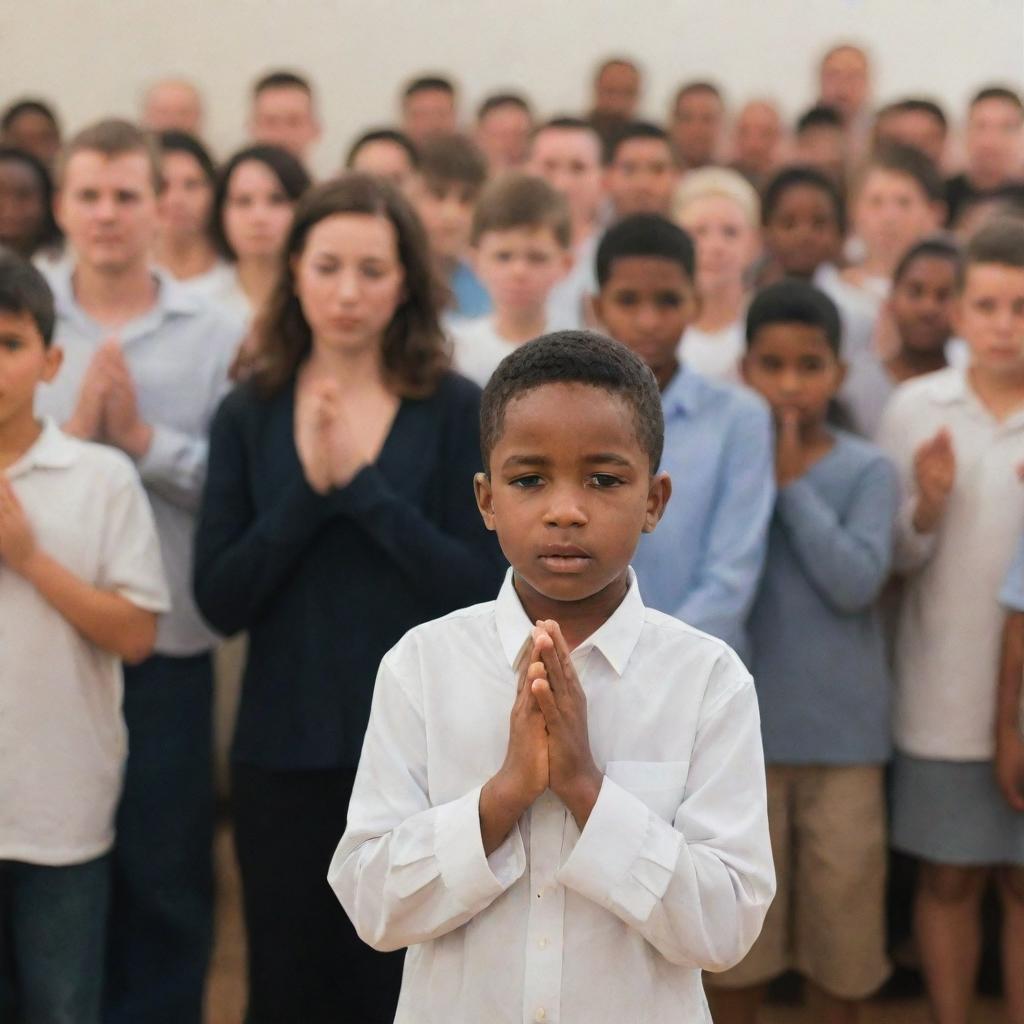 A boy in the role of a prayer leader, with a congregation of people standing in rows behind him, all involved in prayer.