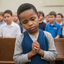 A boy in the role of a prayer leader, with a congregation of people standing in rows behind him, all involved in prayer.