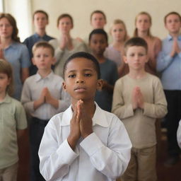 A boy in the role of a prayer leader, with a congregation of people standing in rows behind him, all involved in prayer.