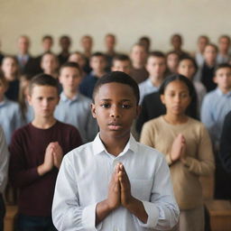 A boy in the role of a prayer leader, with a congregation of people standing in rows behind him, all involved in prayer.