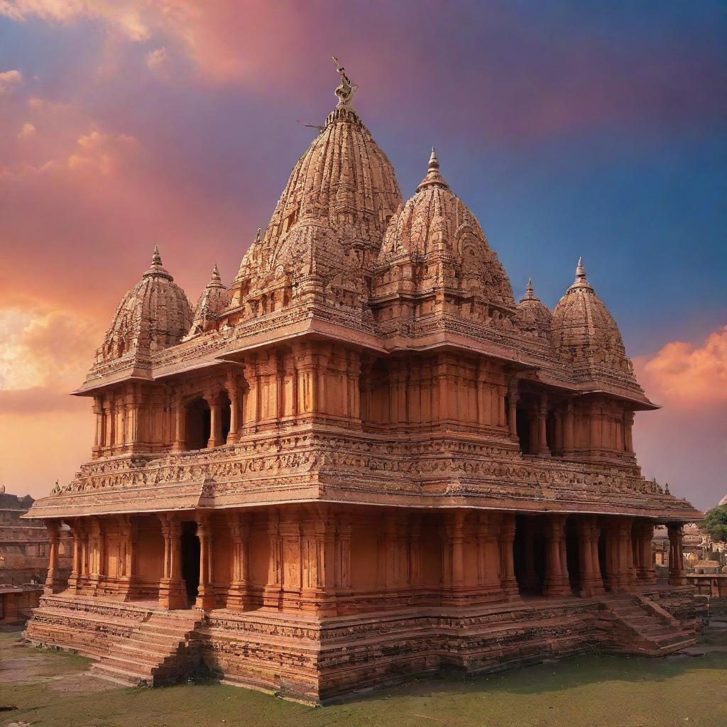 A grand view of the Ayodhya Shree Ram Mandir, standing tall under a vibrant sky with intricate architectural details.