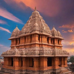 A grand view of the Ayodhya Shree Ram Mandir, standing tall under a vibrant sky with intricate architectural details.