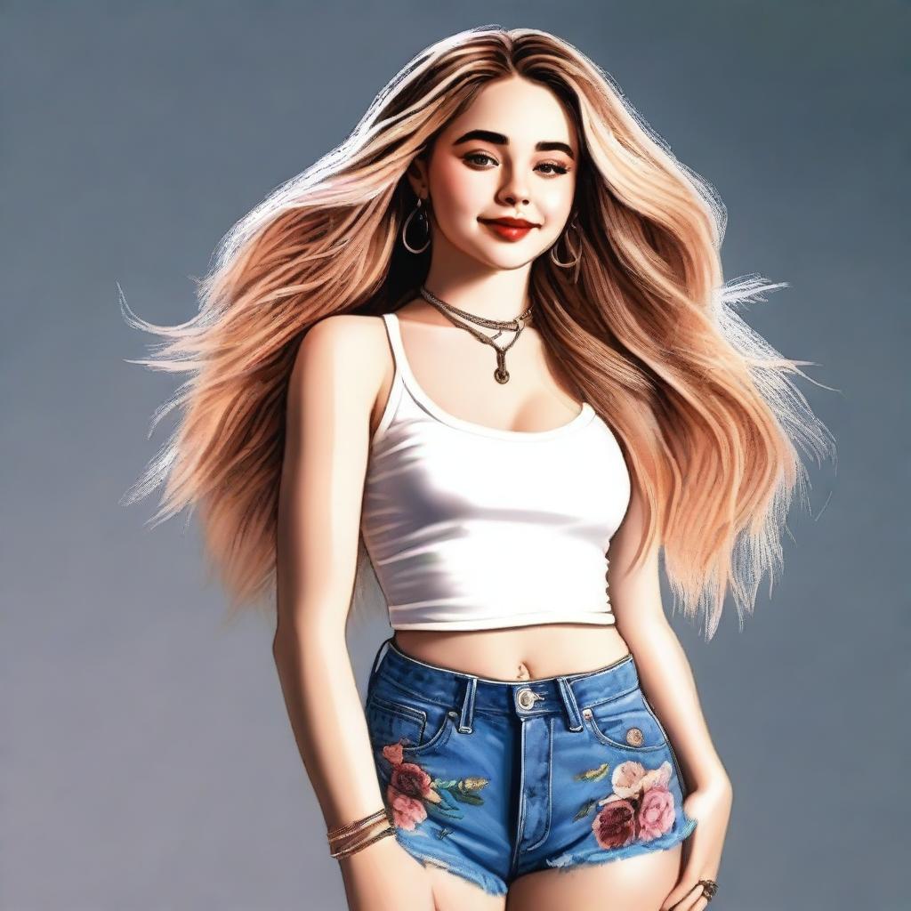 A high-quality digital art image showcasing Sabrina Carpenter with a significantly fuller figure