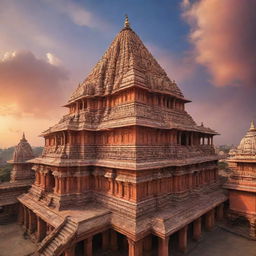 A grand view of the Ayodhya Shree Ram Mandir, standing tall under a vibrant sky with intricate architectural details.