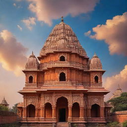 A grand view of the Ayodhya Shree Ram Mandir, standing tall under a vibrant sky with intricate architectural details.