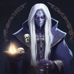 An image showcasing a drow mage with long, white hair