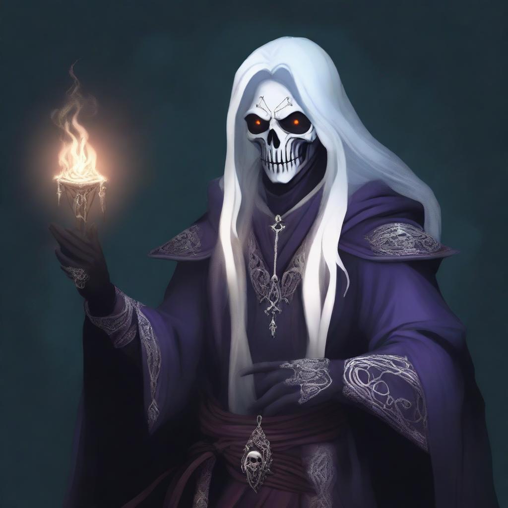 An image showcasing a drow mage with long, white hair