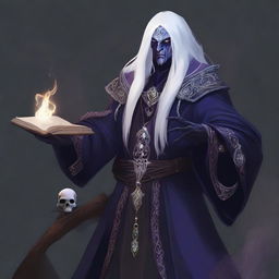 An image showcasing a drow mage with long, white hair