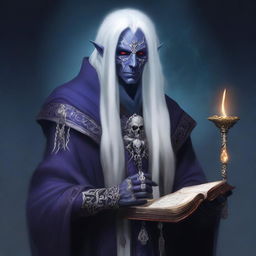 An image showcasing a drow mage with long, white hair