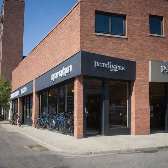 Generate an exterior view of 'Paradigm Pedal and Gears Co.' shop, prominently featuring the word 'PARADIGM' on its facade, positioned in a lively urban setting.