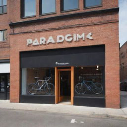 Generate an exterior view of 'Paradigm Pedal and Gears Co.' shop, prominently featuring the word 'PARADIGM' on its facade, positioned in a lively urban setting.