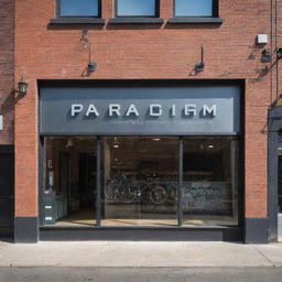 Generate an exterior view of 'Paradigm Pedal and Gears Co.' shop, prominently featuring the word 'PARADIGM' on its facade, positioned in a lively urban setting.