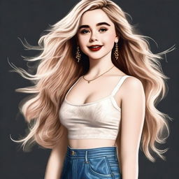 A high-quality digital art image presenting Sabrina Carpenter with a fuller figure