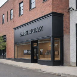 Generate an exterior view of 'Paradigm Pedal and Gears Co.' shop, prominently featuring the word 'PARADIGM' on its facade, positioned in a lively urban setting.