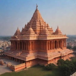 A magnificent image of the Ayodhya Shree Ram Mandir, with a serene and majestic image of Shree Ram prominently displayed.