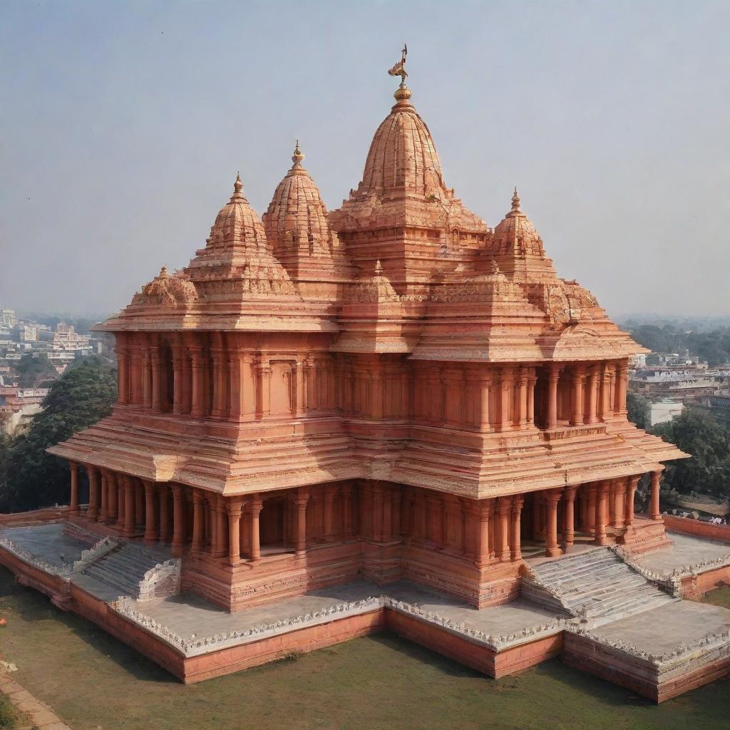 A magnificent image of the Ayodhya Shree Ram Mandir, with a serene and majestic image of Shree Ram prominently displayed.