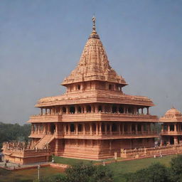 A magnificent image of the Ayodhya Shree Ram Mandir, with a serene and majestic image of Shree Ram prominently displayed.