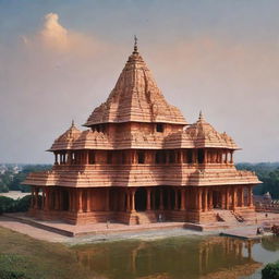 A magnificent image of the Ayodhya Shree Ram Mandir, with a serene and majestic image of Shree Ram prominently displayed.