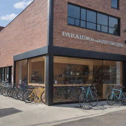 Design a split image showing both the exterior and interior of 'Paradigm Pedal and Gears Co.' shop, with 'PARADIGM' visibly displayed on the exterior, while the interior showcases a bustling, well-stocked bicycle shop.