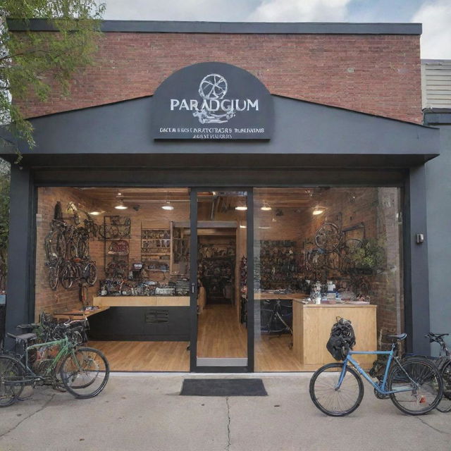 Design a split image showing both the exterior and interior of 'Paradigm Pedal and Gears Co.' shop, with 'PARADIGM' visibly displayed on the exterior, while the interior showcases a bustling, well-stocked bicycle shop.