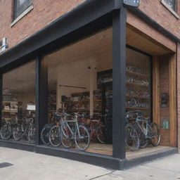 Design a split image showing both the exterior and interior of 'Paradigm Pedal and Gears Co.' shop, with 'PARADIGM' visibly displayed on the exterior, while the interior showcases a bustling, well-stocked bicycle shop.