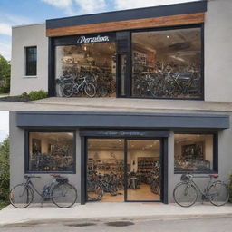 Design a split image showing both the exterior and interior of 'Paradigm Pedal and Gears Co.' shop, with 'PARADIGM' visibly displayed on the exterior, while the interior showcases a bustling, well-stocked bicycle shop.