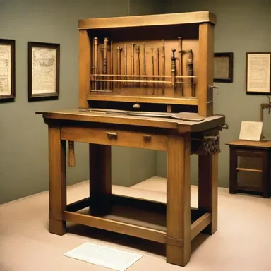 The workbench used by Leonardo da Vinci, where he created some of his remarkable inventions, is now displayed in a museum.