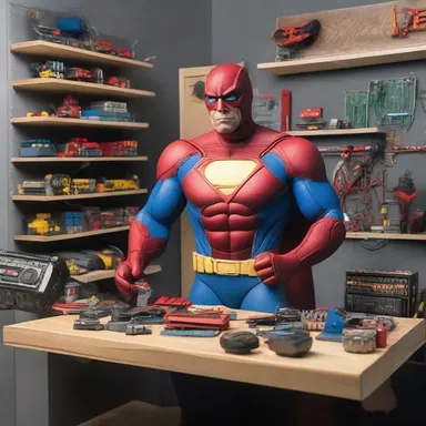 As part of his secret lair, the superhero kept a technologically advanced workbench, equipped with gadgets to repair and upgrade his gear.