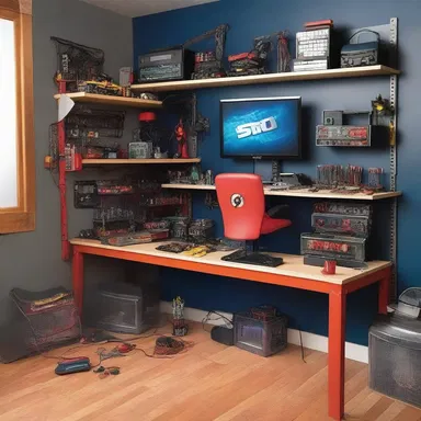 As part of his secret lair, the superhero kept a technologically advanced workbench, equipped with gadgets to repair and upgrade his gear.