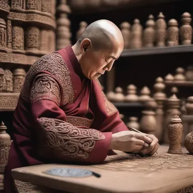 The monk meticulously carved intricate designs on the workbench while reciting sacred chants, creating a masterpiece of devotion and craftsmanship.