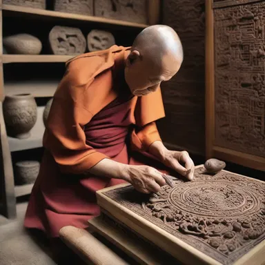 The monk meticulously carved intricate designs on the workbench while reciting sacred chants, creating a masterpiece of devotion and craftsmanship.