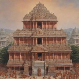 An impressively detailed depiction of the Ayodhya Shree Ram Mandir featuring a prominent, dignified image of Shree Ram.