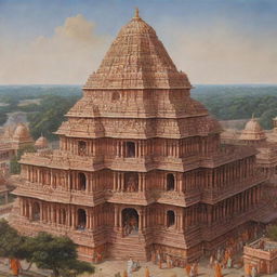 An impressively detailed depiction of the Ayodhya Shree Ram Mandir featuring a prominent, dignified image of Shree Ram.