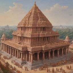 An impressively detailed depiction of the Ayodhya Shree Ram Mandir featuring a prominent, dignified image of Shree Ram.