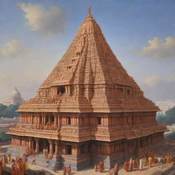 An impressively detailed depiction of the Ayodhya Shree Ram Mandir featuring a prominent, dignified image of Shree Ram.