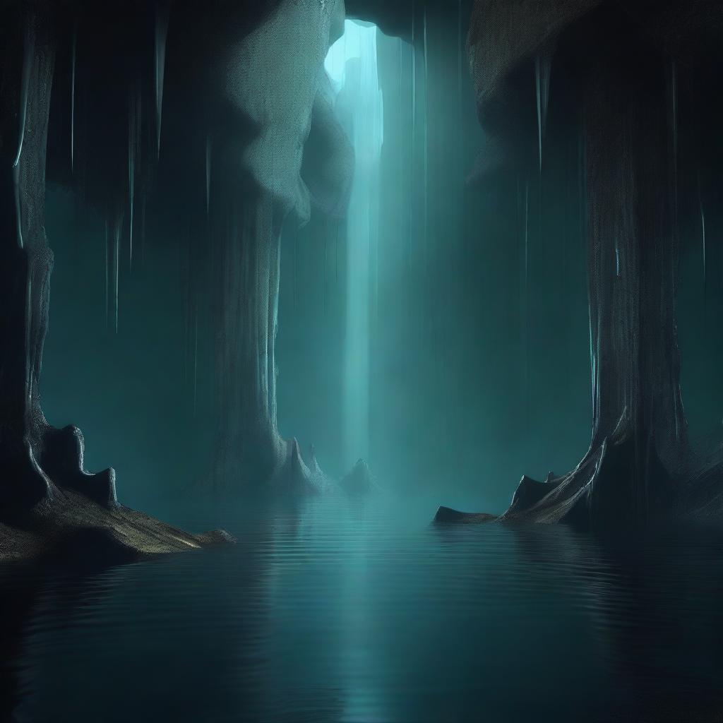 This digital art image presents an underground spooky lake