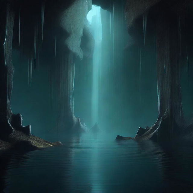 This digital art image presents an underground spooky lake