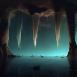 This digital art image presents an underground spooky lake