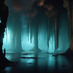 This digital art image presents an underground spooky lake