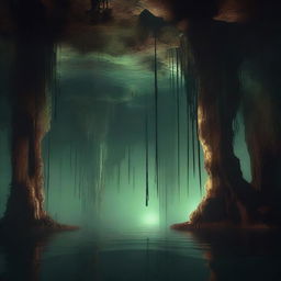 This digital art image presents an underground spooky lake