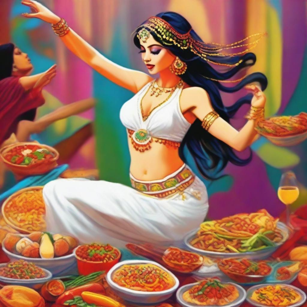 A colorful digital art image featuring a white belly dancer indulging in a feast