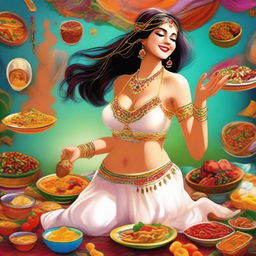 A colorful digital art image featuring a white belly dancer indulging in a feast