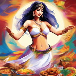 A colorful digital art image featuring a white belly dancer indulging in a feast