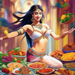 A colorful digital art image featuring a white belly dancer indulging in a feast