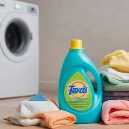 A vivid image showcasing a bottle of liquid detergent next to a pile of laundry ready to be cleaned.