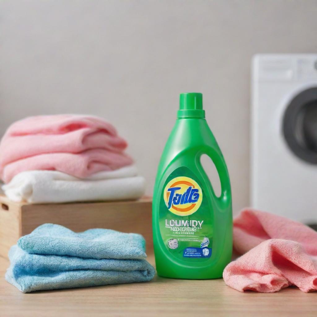 A vivid image showcasing a bottle of liquid detergent next to a pile of laundry ready to be cleaned.