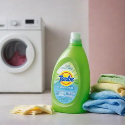 A vivid image showcasing a bottle of liquid detergent next to a pile of laundry ready to be cleaned.